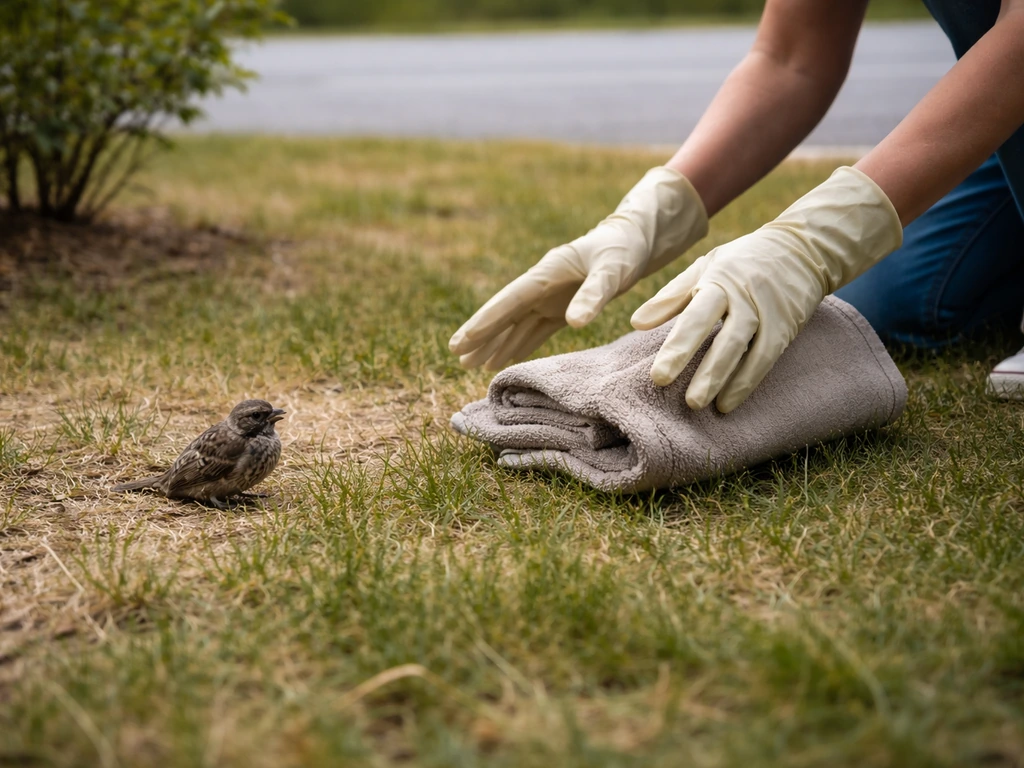 Gloved hands and a towel approaching an injured wild bird safely near a yard by the road