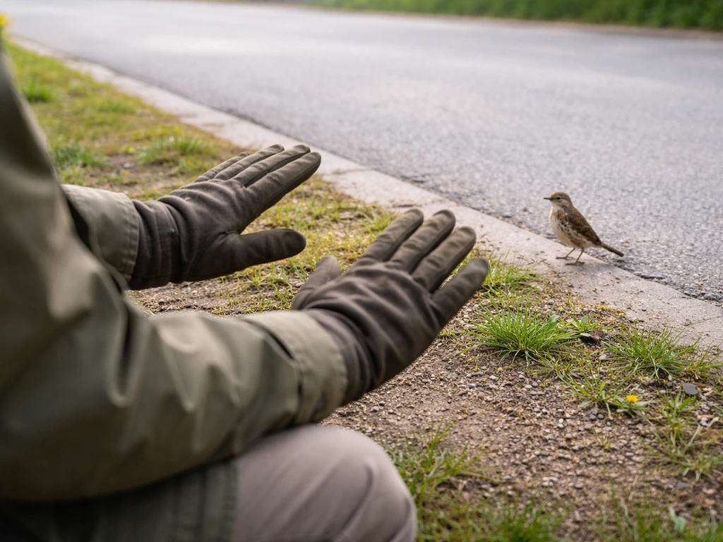 Anonymous gloved hands held back at a safe distance while assessing surroundings near a wild bird.