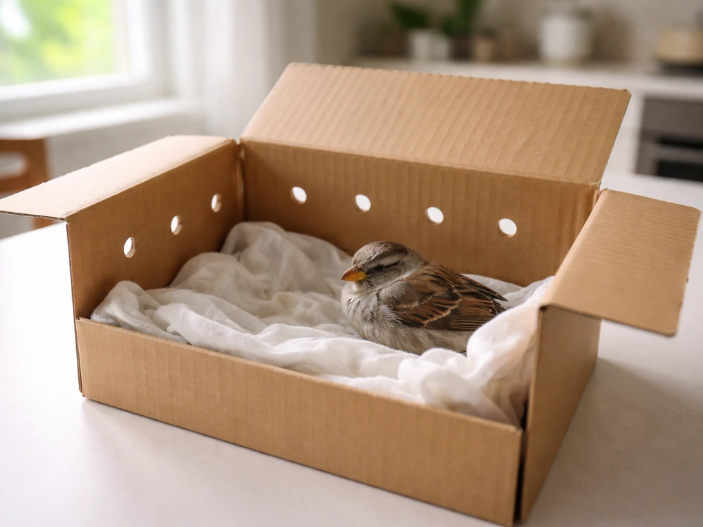 Wild bird in a ventilated cardboard box lined with soft cloth indoors, calm and safe.
