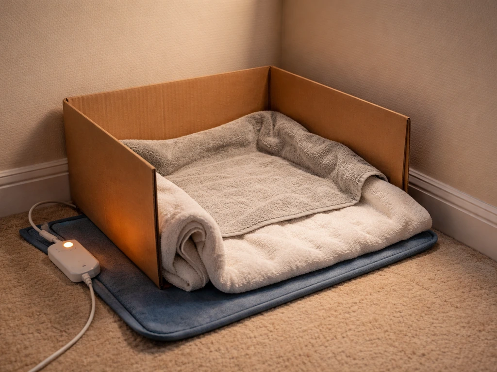 Warm, quiet room with a towel-lined cardboard box and a low heating pad under half the box.