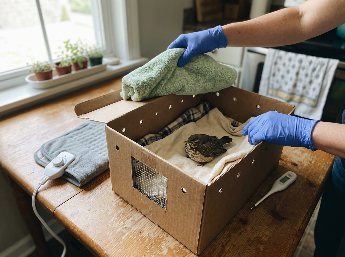 Person preparing emergency first aid supplies for an injured bird in a ventilated box