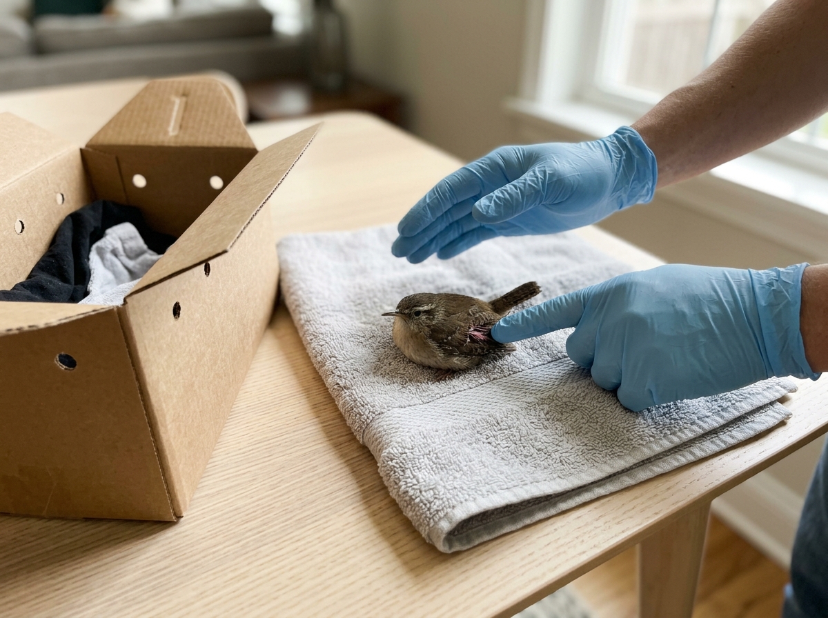 Gloved hands assessing an injured bird while a ventilated box waits nearby