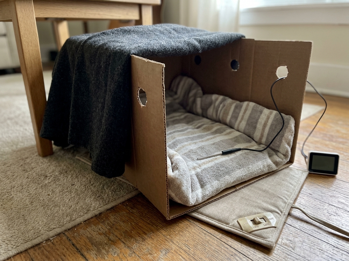 Heating pad on low providing warmth under a covered bird housing box