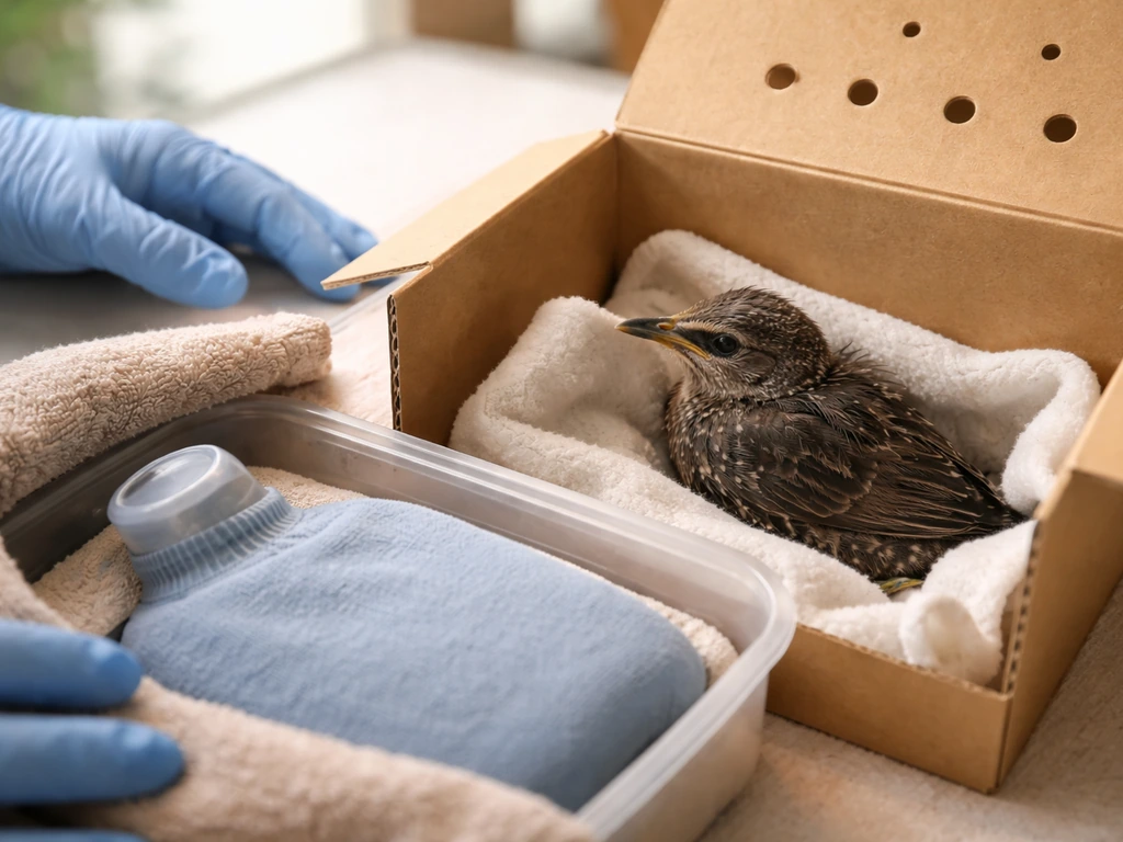 A ventilated box holding a calm injured starling with a nearby warm source and gloved caregiver hands.
