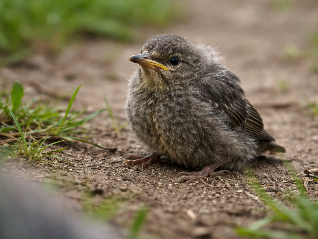 Fledgling starling on the ground, watched from a few feet away, fluffy down and alert but low-energy posture.