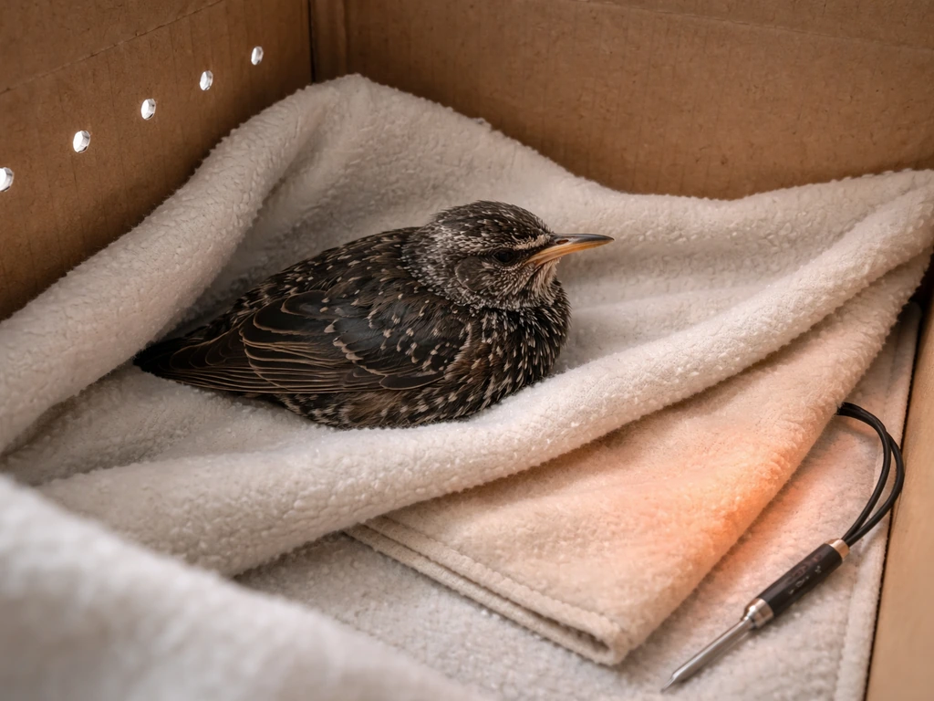 Injured starling resting in a lined box with gentle heating pad under one side for warmth.