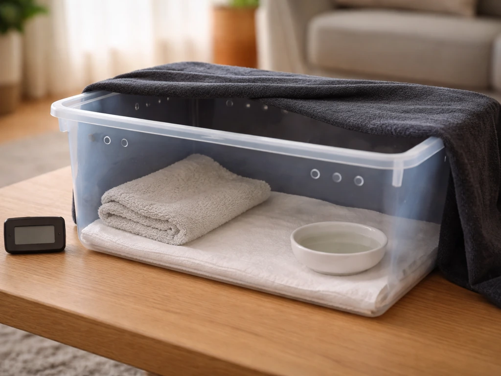 Home bird recovery setup: lined ventilated box with paper towels, dark cover, and thermometer nearby.