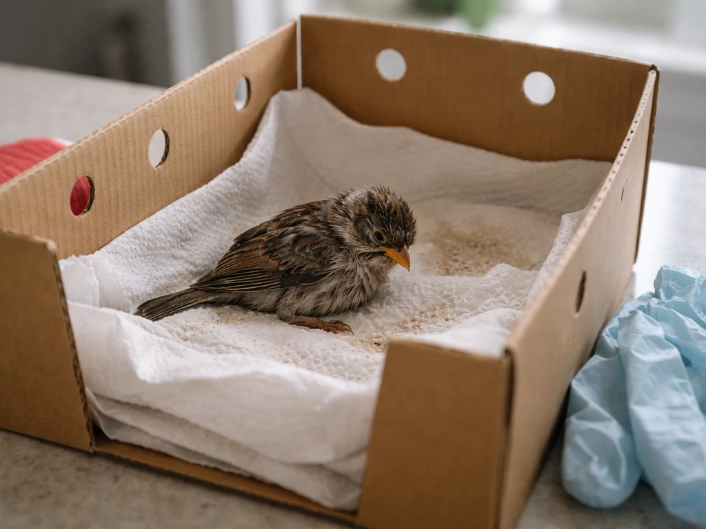Injured small wild bird in a simple transport box with gauze and gloves nearby, suggesting immediate vet help.