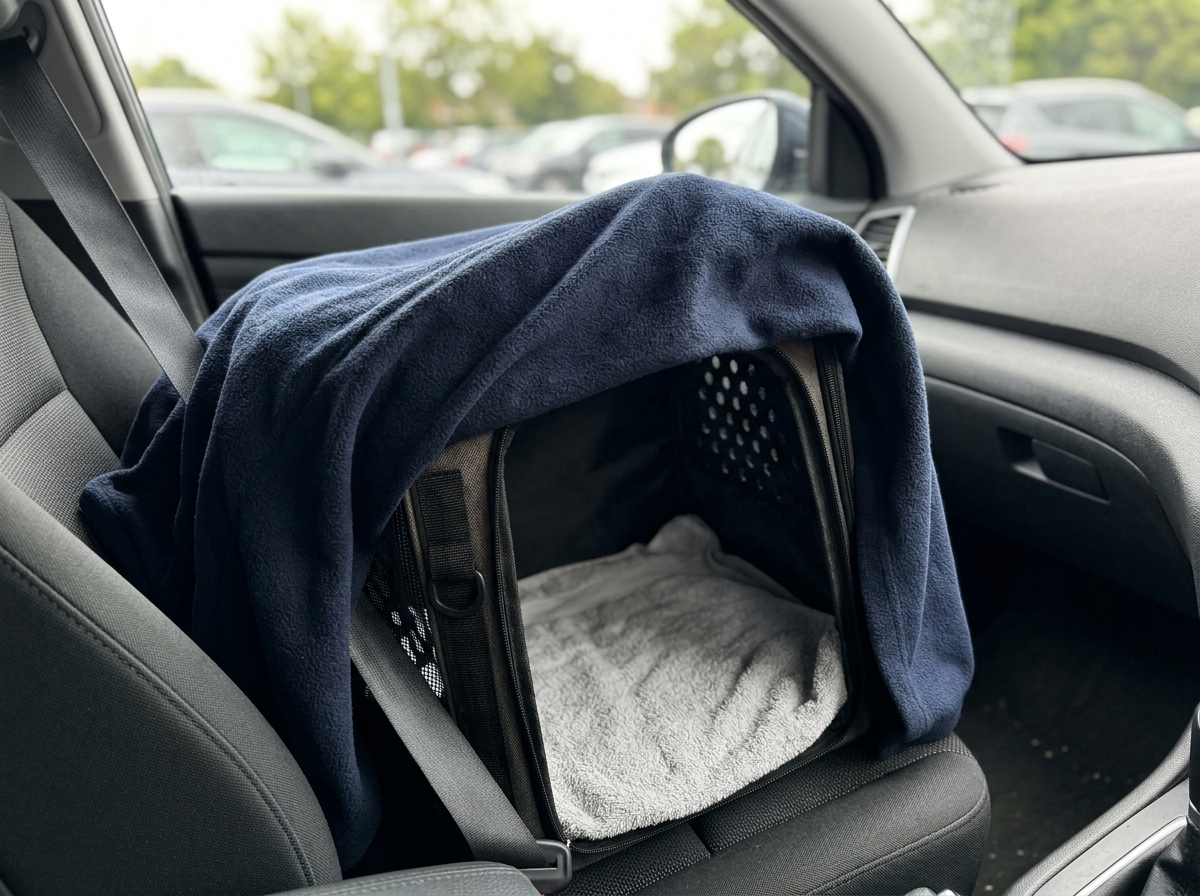 Transport plan: ventilated dark carrier secured in a quiet car seat