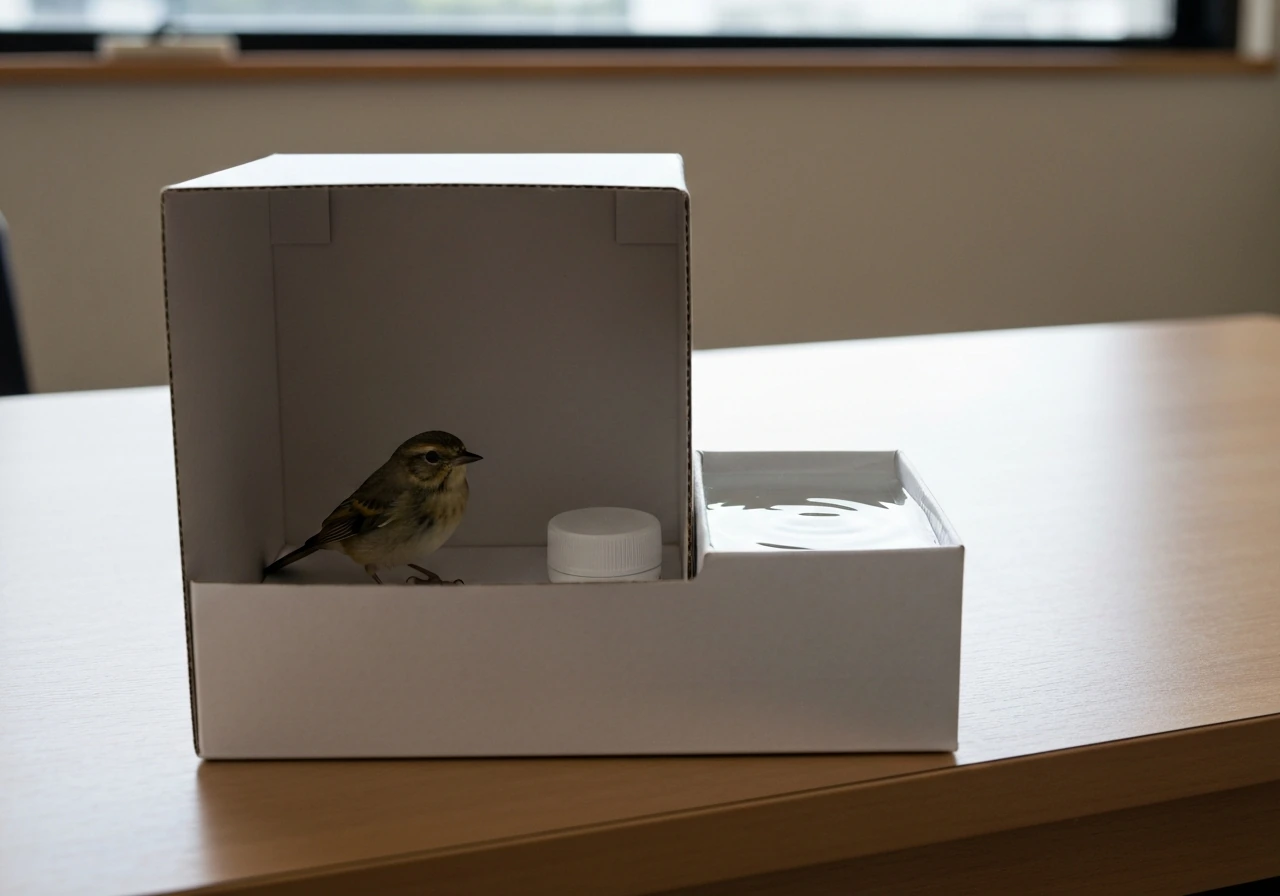 Alert bird inside a small box with a shallow dish of water beside it