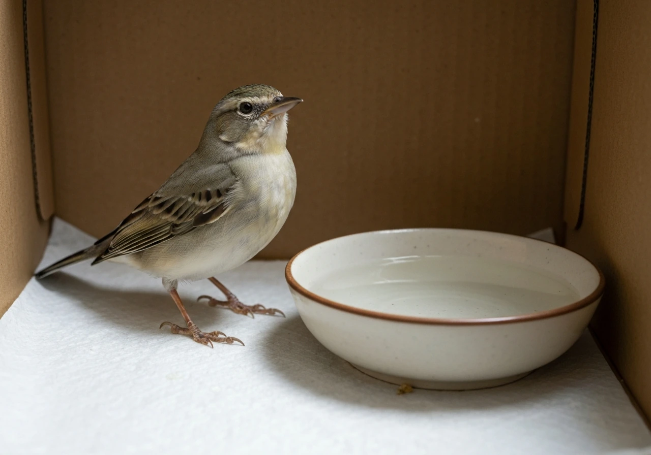 Alert upright adult bird in a secure box with a shallow water dish nearby.