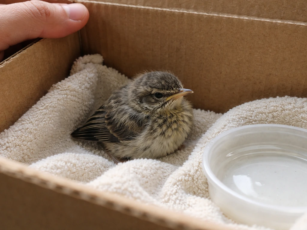 Small feathered fledgling resting in a lined box with nearby shallow water, calm and quiet.