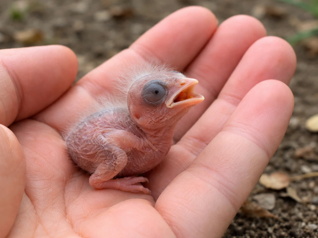 Unfeathered nestling chick being gently held in a hand on a soft natural surface