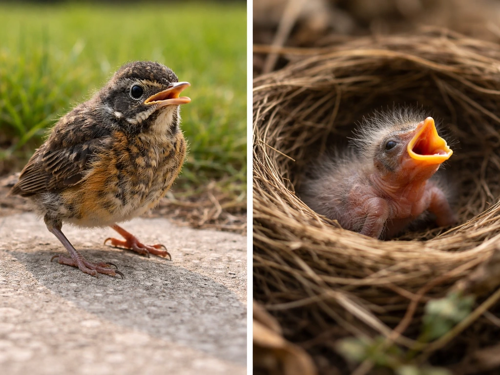 Side-by-side: a mostly-feathered hopping fledgling and a tiny downy nestling in a twig nest.