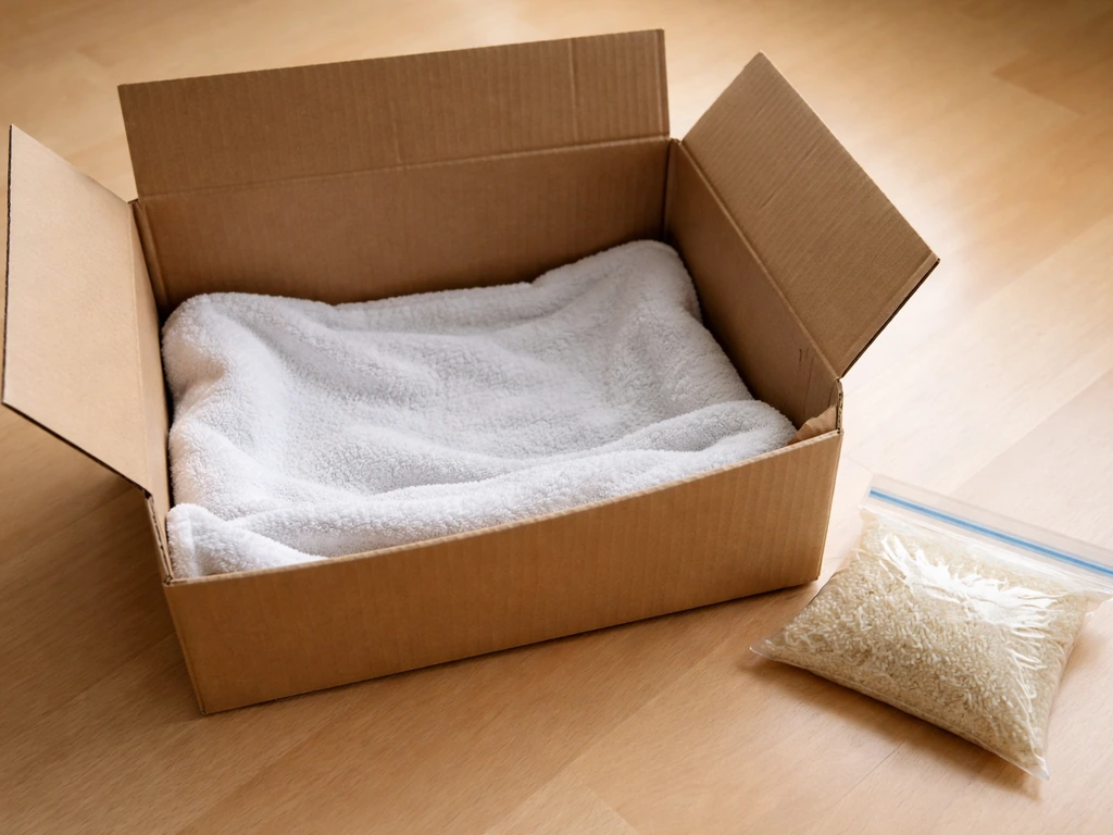 Cardboard box shelter lined with a towel, with a warm bag of dry rice beside it