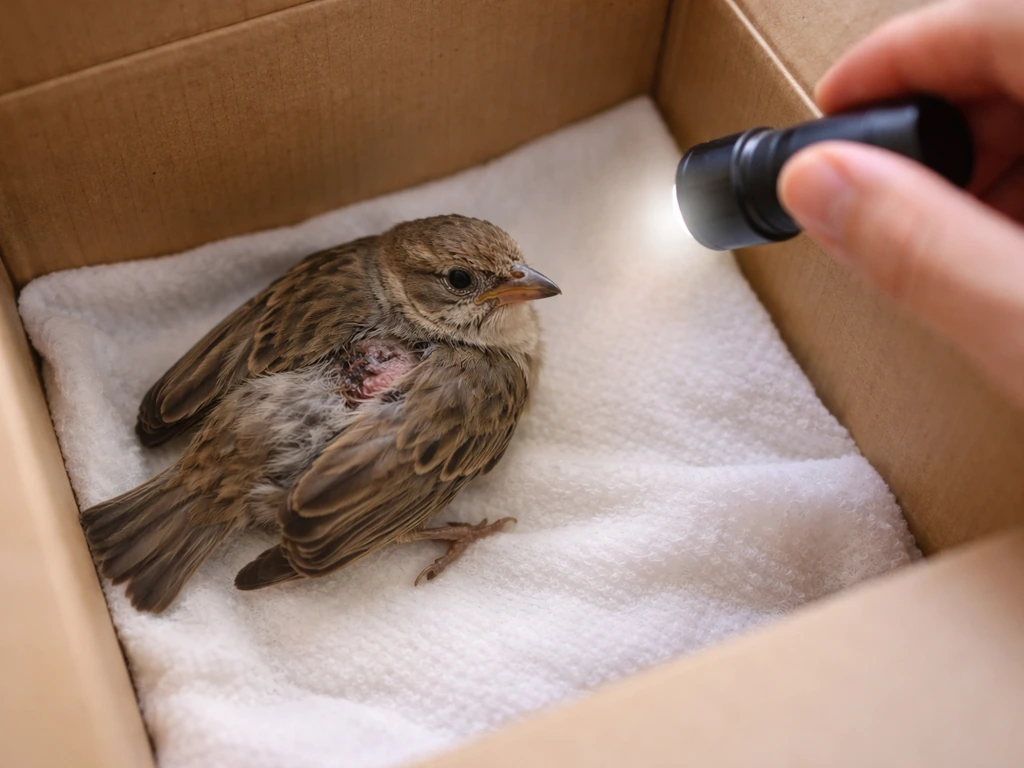 Top-down view of a small rescued bird in a lined box while a flashlight inspects possible injuries.