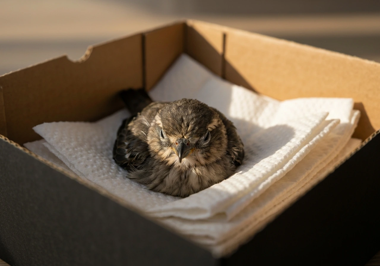Rescued small wild bird resting in a lined warm cardboard recovery box with paper towels