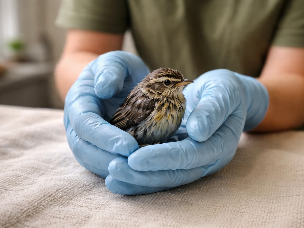 Gloved handler gently holding a small wet songbird over a clean check surface for a safety triage