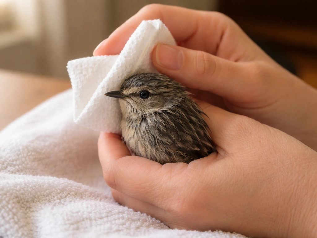 Hands gently dabbing wet feathers of a small bird with a dry paper towel in a warm indoor setting.