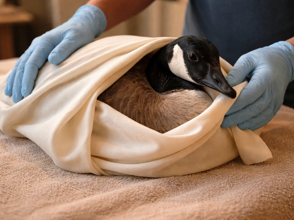 Gloved hands gently wrapping a waterfowl-like bird in a single layer of smooth cloth for drying
