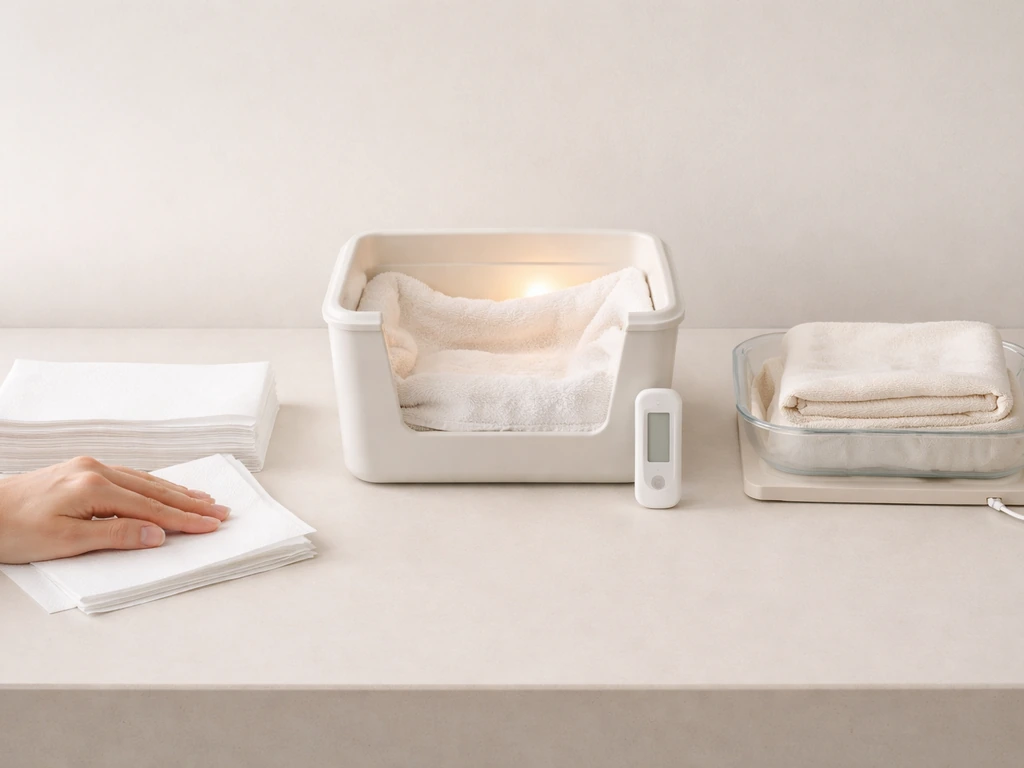 Three simple side-by-side drying setups: paper towels, warm insulated box, and low-warm heating pad with towel.