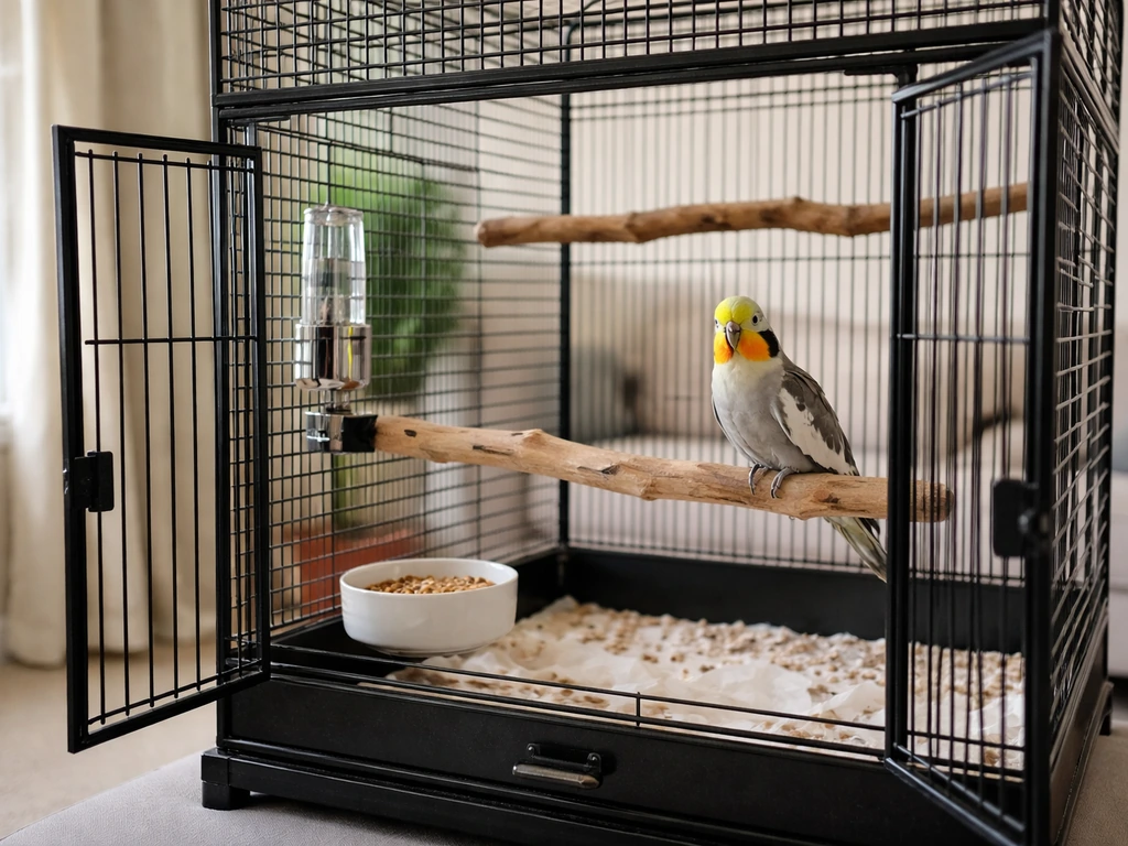 Spacious cockatiel cage setup with perches, food and water, softly lit in a calm living room.
