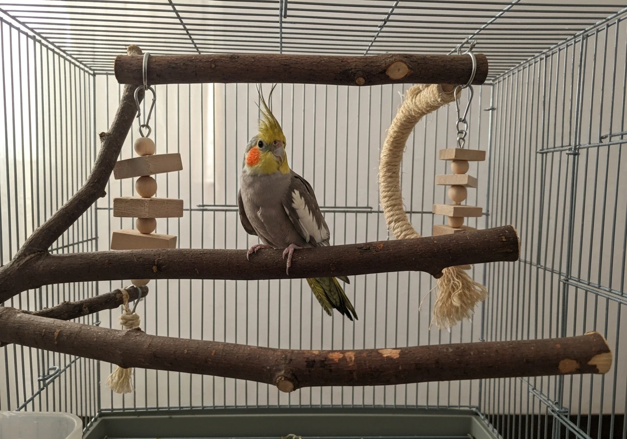 Cockatiel perched on natural wood branches with textured perches and bird-safe toys in a simple cage