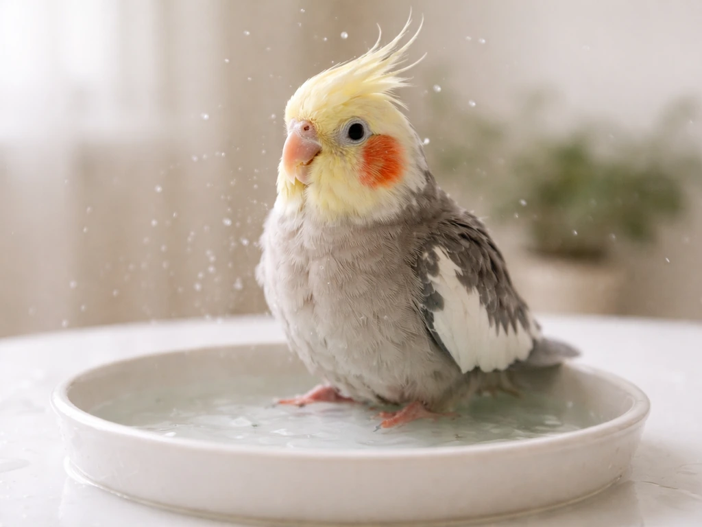 A cockatiel bathing in a shallow dish of plain water with light mist and droplets.