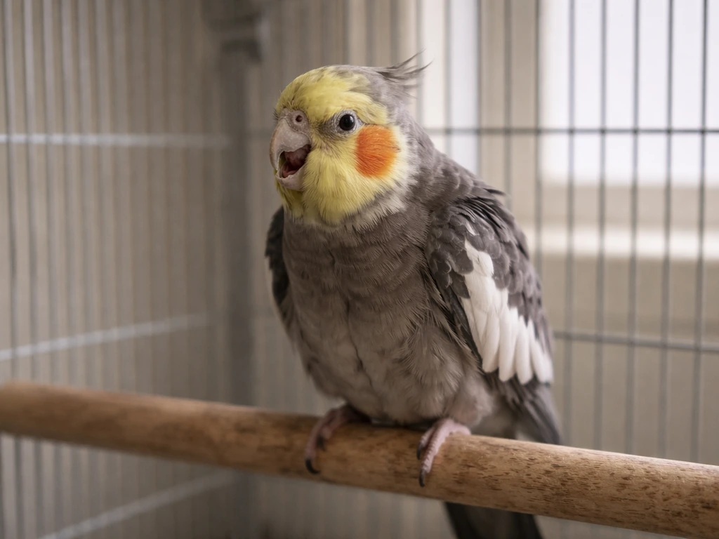 Close-up of a cockatiel in a cage with open-mouth breathing, showing signs of respiratory distress.