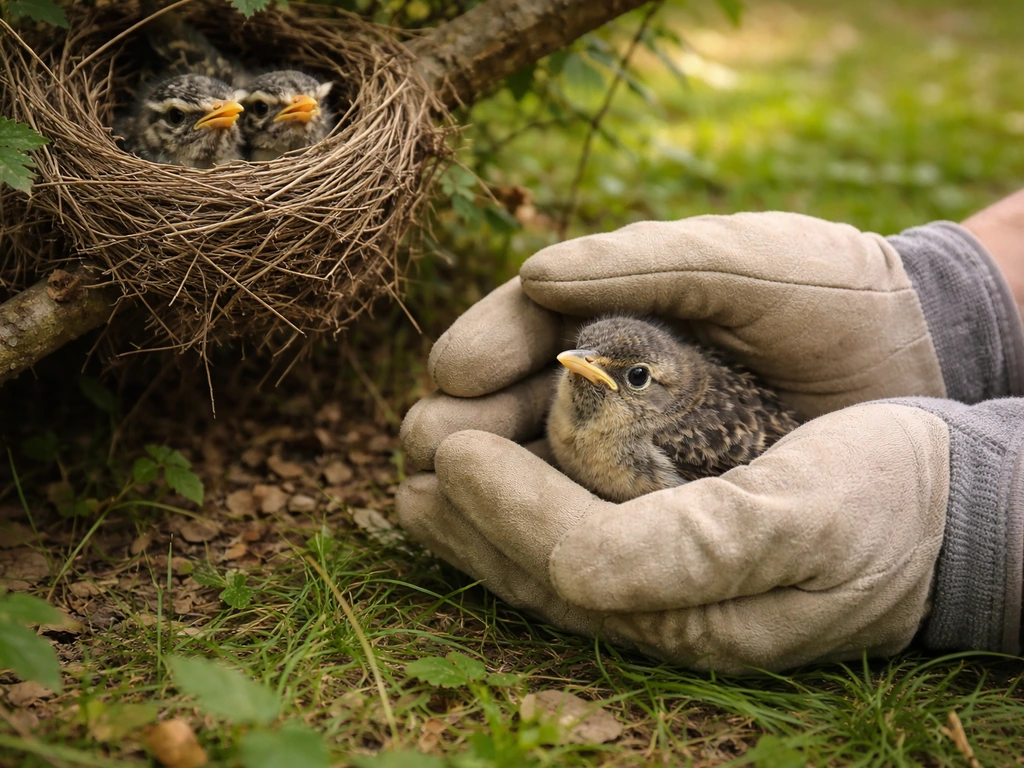 A gloved hand gently cups a small bird chick on the ground near a nearby nest area.