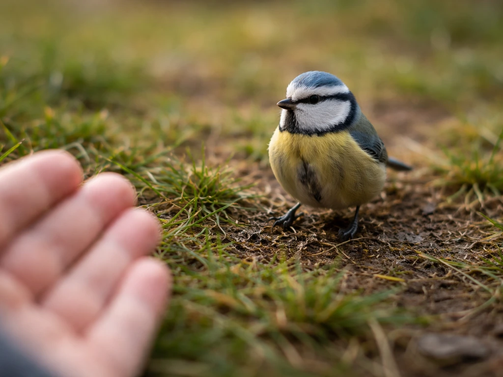 Small wild bird on grass, photographed close-up with a nearby out-of-focus hand showing no touching.