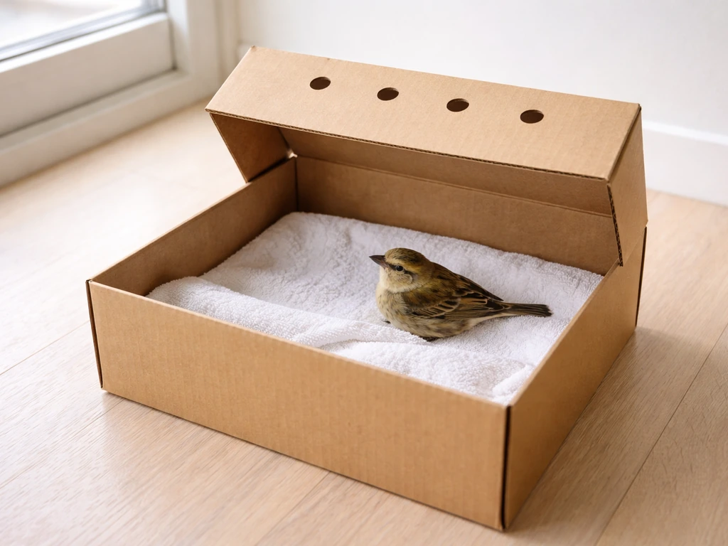Ventilated cardboard box lined with soft cloth holding a small bird, with no water dish inside
