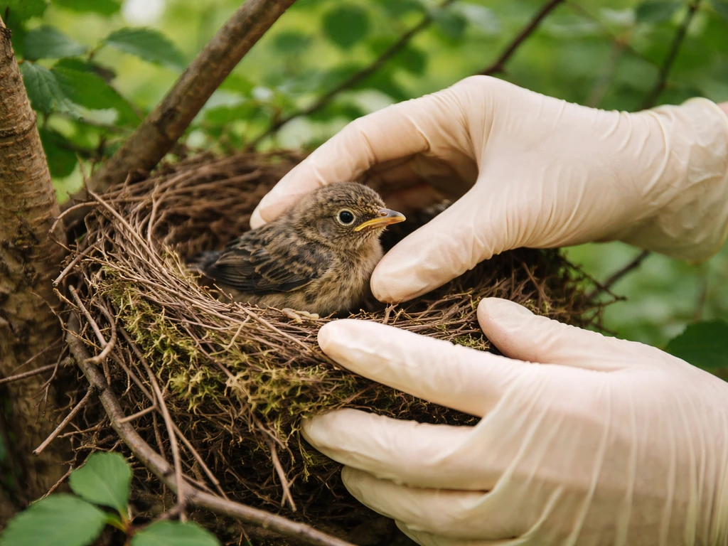 Gloved hands returning an uninjured fledgling to a makeshift nest on leafy tree branches.