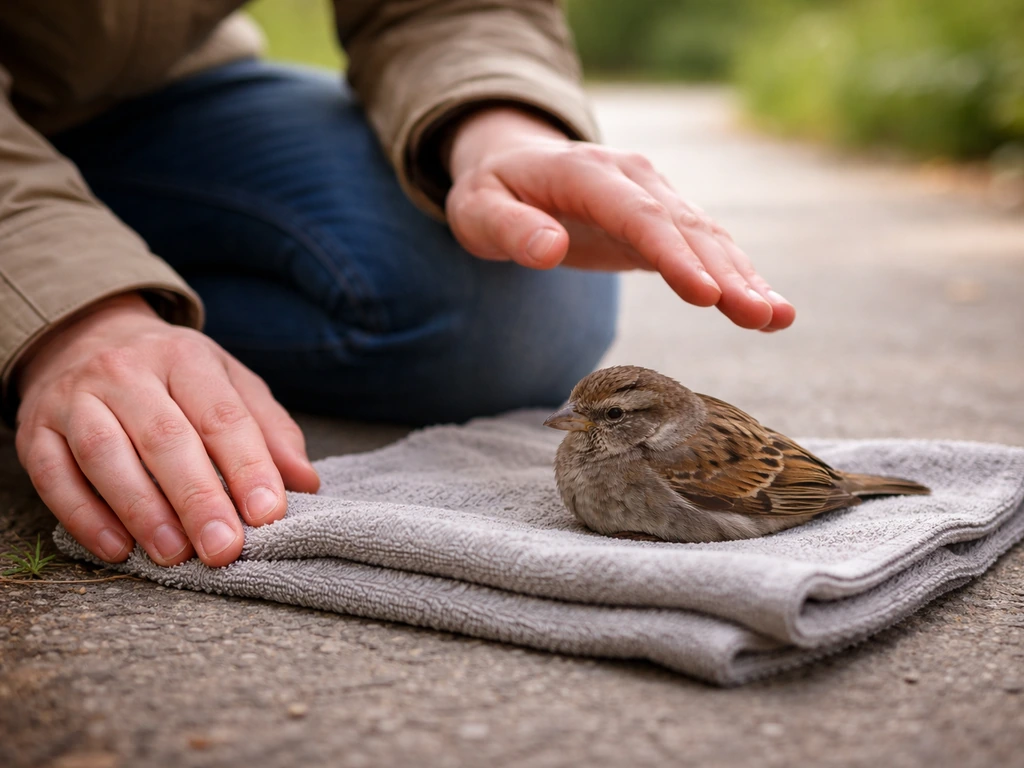 Hands hovering over an injured wild bird on a blanket, assessing posture and breathing without touching