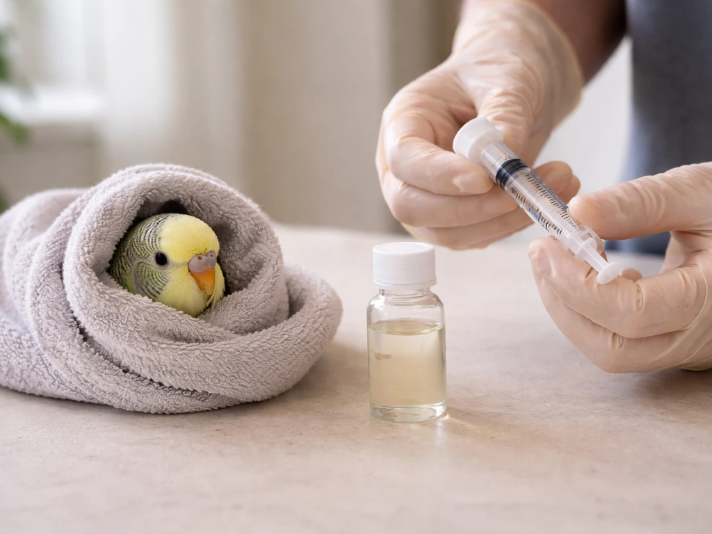 Gloved hands preparing oral bird medication with a syringe, bird wrapped in a towel nearby