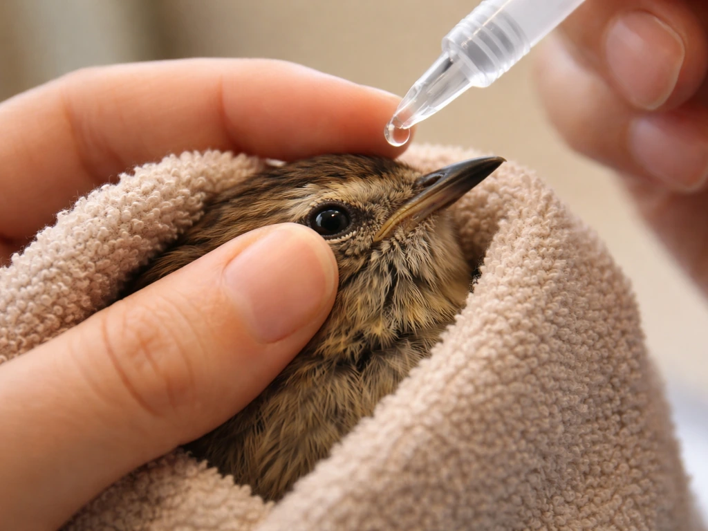 Close-up of a bird on a towel wrap with a finger holding the eyelid open as eye drops are applied.