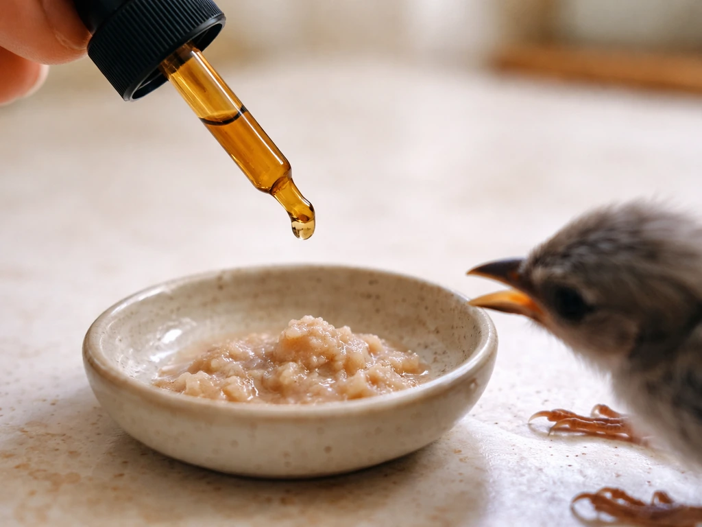 Amber dropper measuring medicine into a tiny dish of soft food for a small bird to eat