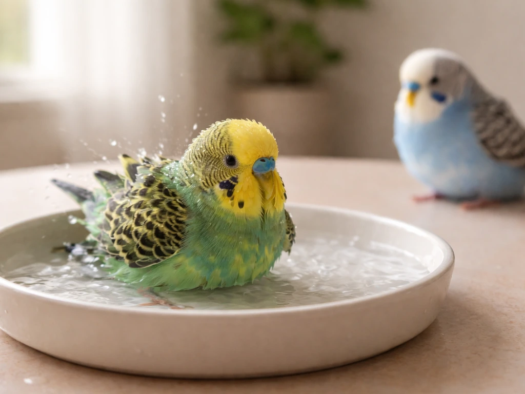 Green-and-yellow budgie ruffling feathers in a shallow water bath, with a nearby fluffed, unwell-looking bird posture