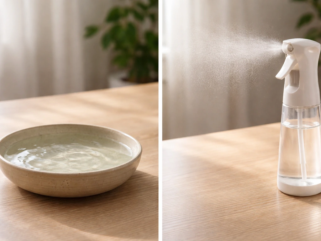 Budgie bathing setup showing shallow dish water and a fine mist spray device in a simple indoor scene.