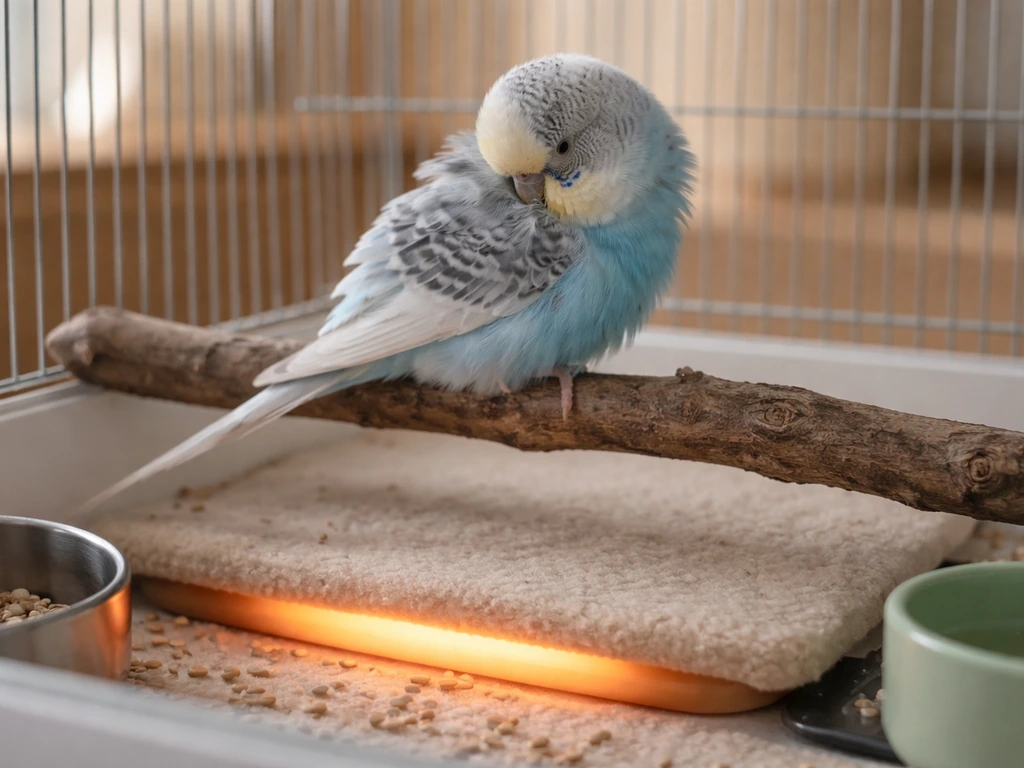 Small budgie perched near a softly warmed cage area after bathing, preening calmly beside a low heat pad.