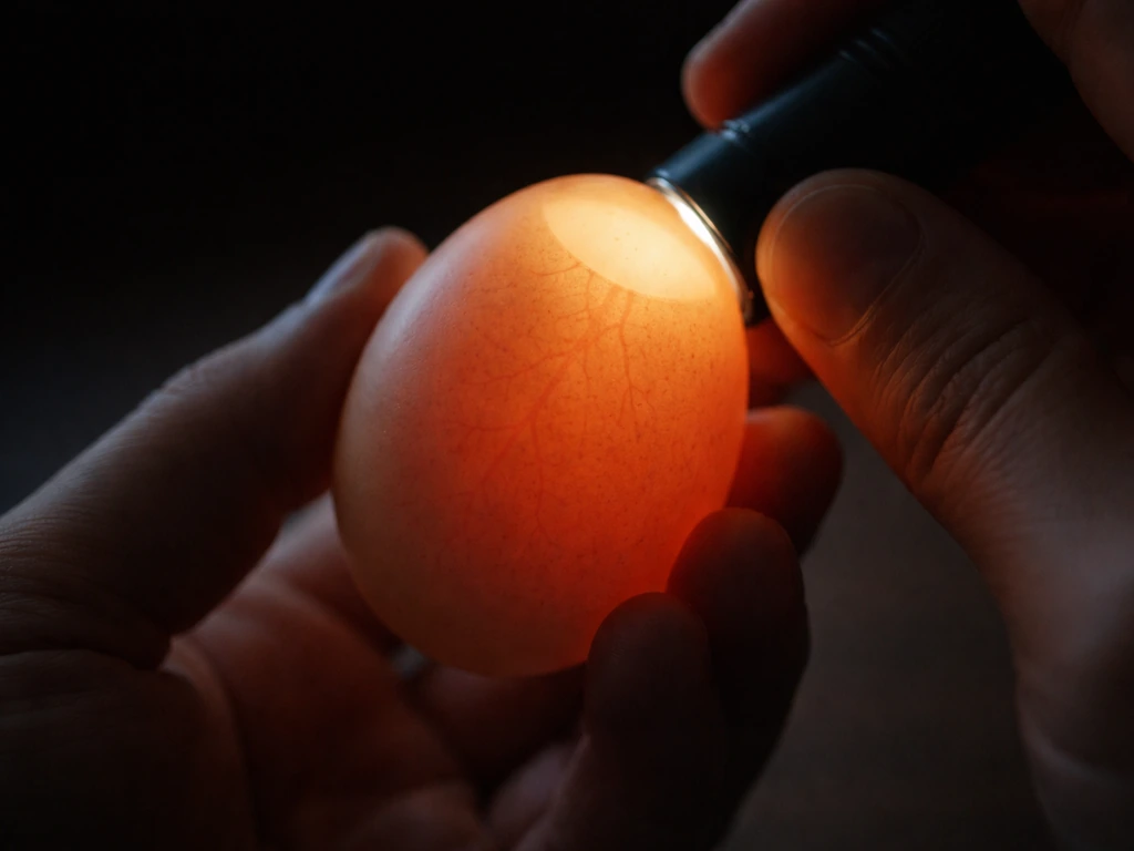 Hand holds an egg while a small LED flashlight shines through it in a dark room, revealing faint veining.