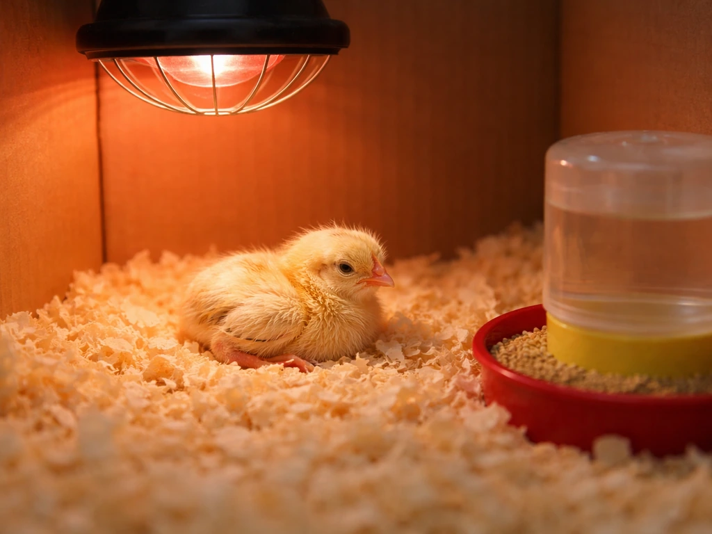 Newly hatched chick resting in a clean warm brooder under a low heat lamp.