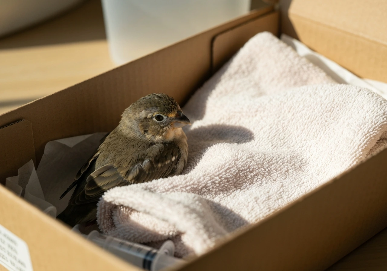 Rescue cardboard box with a warm towel and a small wild bird resting safely.