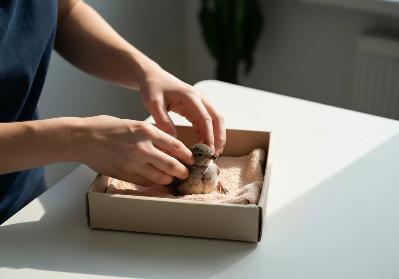 Rescuer’s hands gently checking a small bird’s chest movement on a quiet surface before warming.