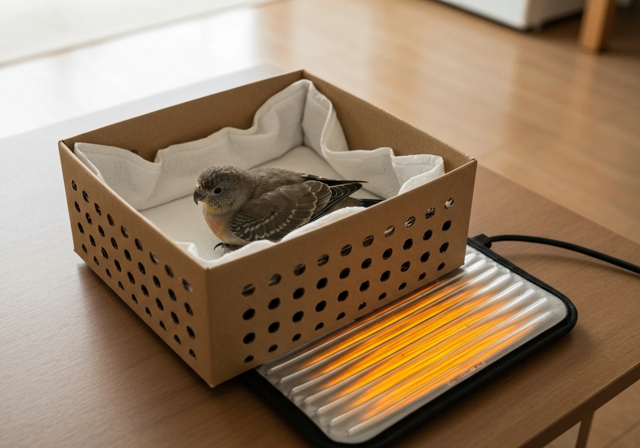 A small bird resting in a ventilated cardboard box lined with cloth, warming setup with heating pad nearby.
