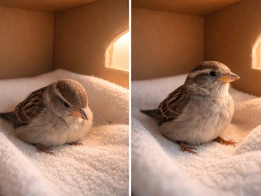 Small bird in a warm box: earlier hunched posture on one side, then head-up alert recovery.
