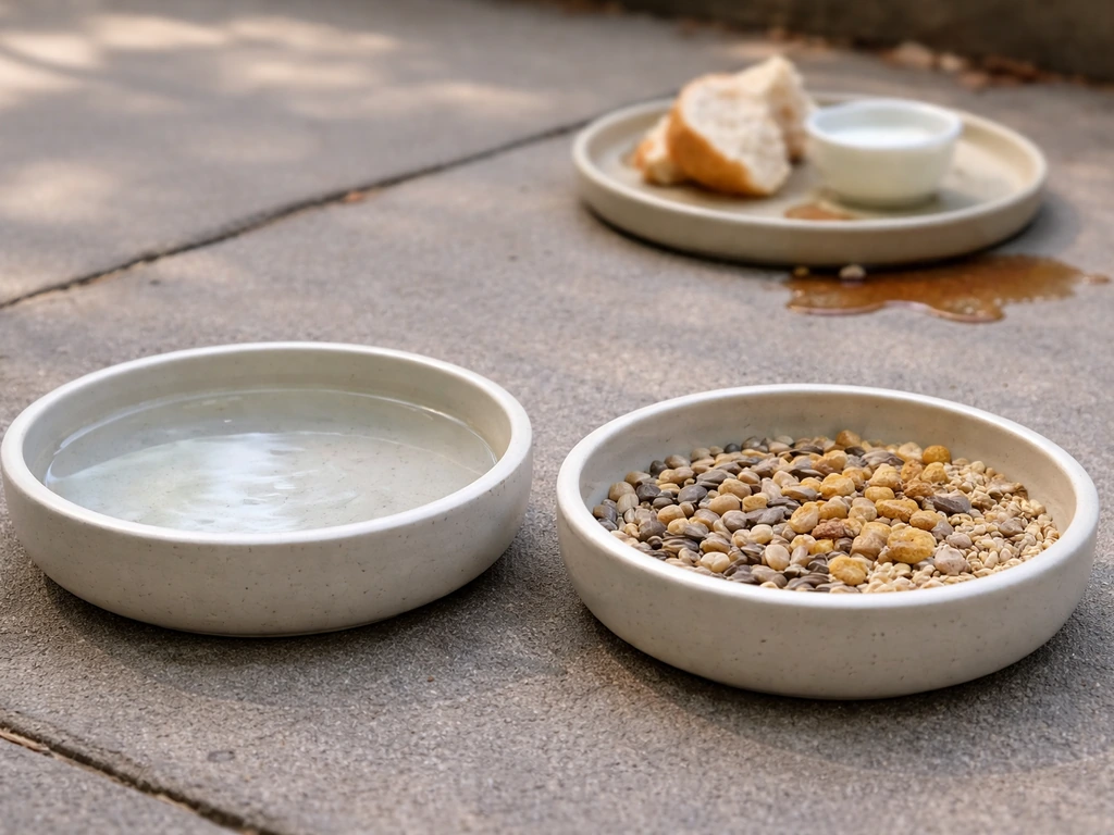 Two shallow bowls showing plain water and seeds/mealworms for birds, with unsafe foods like bread and milk nearby.