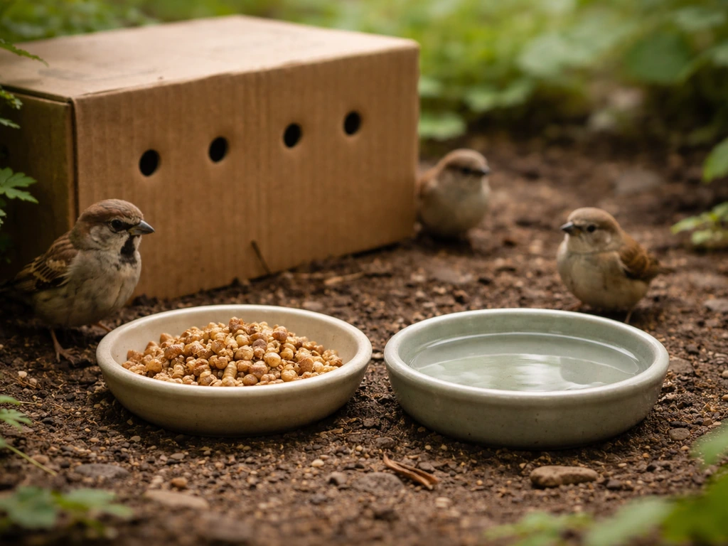 Small birds feeding at two shallow garden dishes—mealworm pieces and a separate bowl of water.