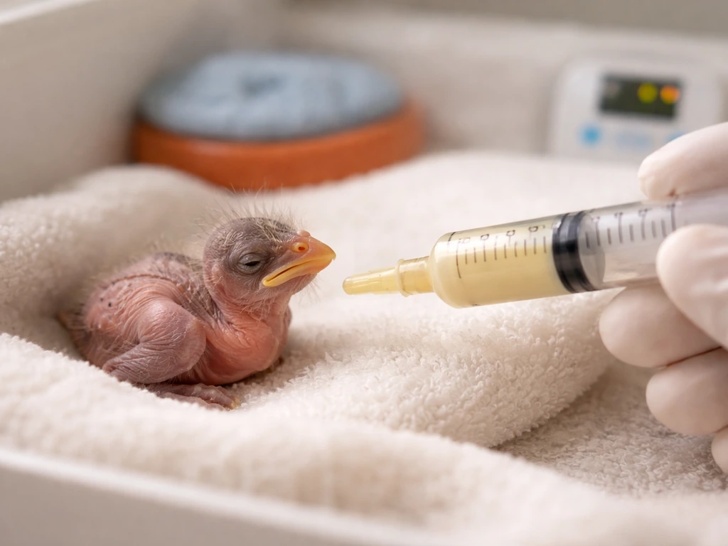 A gloved caregiver warming formula and preparing a syringe for a tiny nestling in a clean recovery box