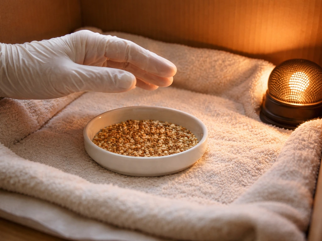 Gloved hand placing food in a shallow dish inside a warm, quiet box for safe bird feeding.